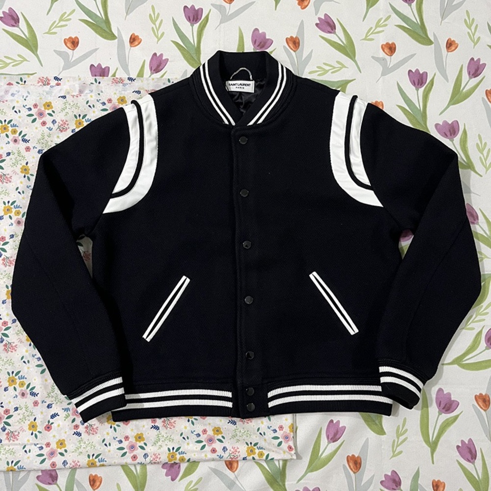 Saint Laurent Black And White Color-Blocked Baseball Jacket
